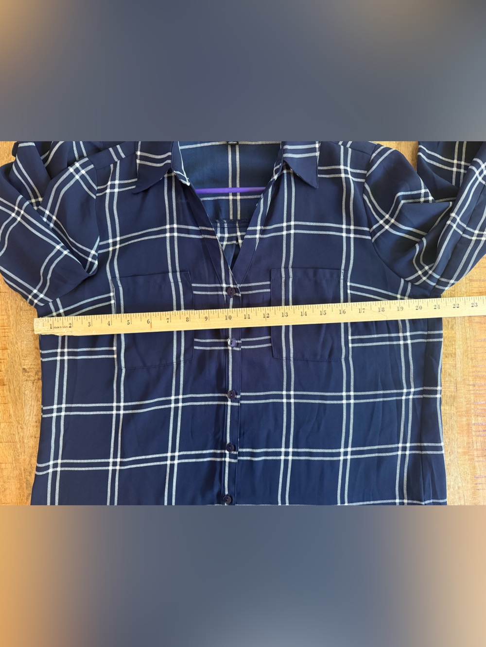 Fortune + Ivy Navy Windowpane Plaid Button Front Blouse Top Size Large - Picture 10 of 12